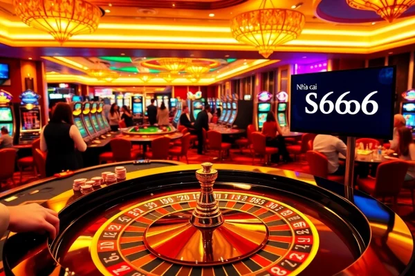 At the bustling Nhà cái SP666 casino, players engage in thrilling roulette games amidst colorful slot machines and vibrant atmosphere.