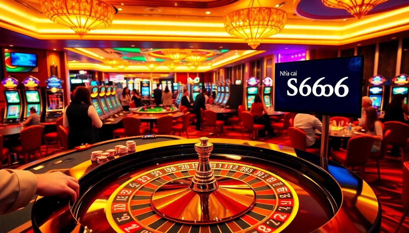 At the bustling Nhà cái SP666 casino, players engage in thrilling roulette games amidst colorful slot machines and vibrant atmosphere.