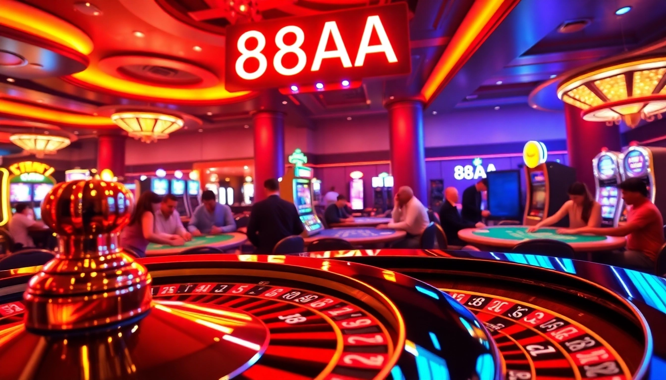 Experience the vibrant energy of 88AA at an upscale casino, featuring roulette, poker tables, and excited players.