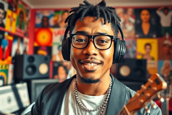 Ok88 performing passionately in a vibrant studio filled with musical instruments.