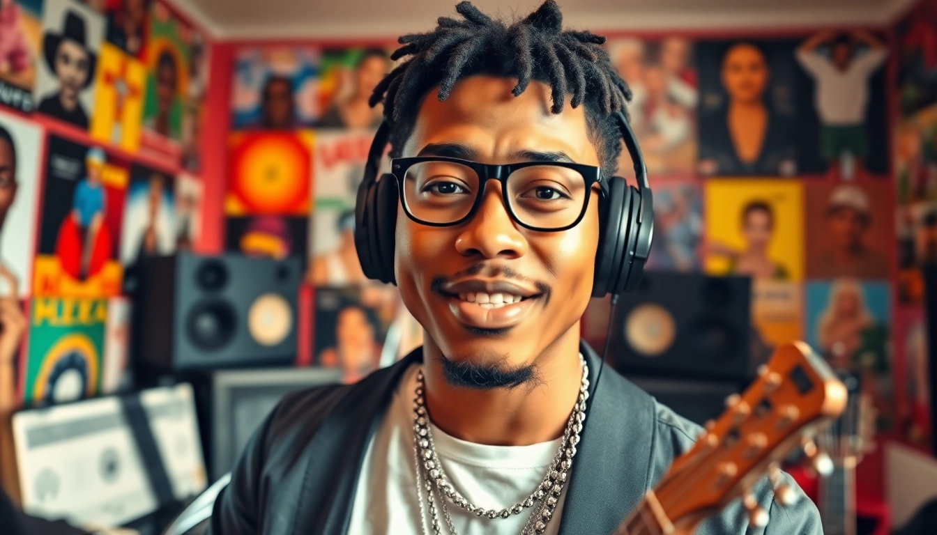 Ok88 performing passionately in a vibrant studio filled with musical instruments.