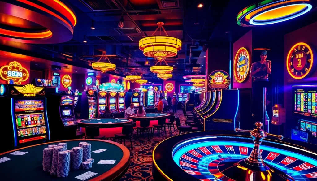 Exciting casino scene showcasing 88AA-themed poker tables and vibrant slot machines.