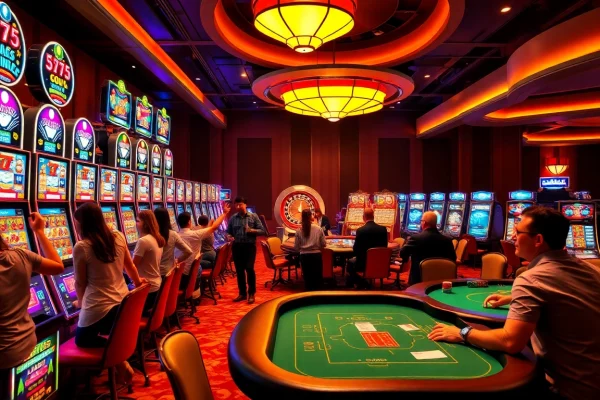 Excited players celebrating big wins at AAAJILI's vibrant casino slot machine area.