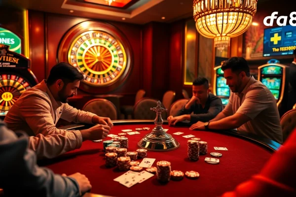 Players compete in a high-stakes poker game at the luxury casino 'fa88,' showcasing excitement with colorful chips and cards.