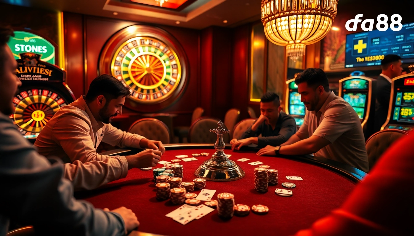 Players compete in a high-stakes poker game at the luxury casino 'fa88,' showcasing excitement with colorful chips and cards.