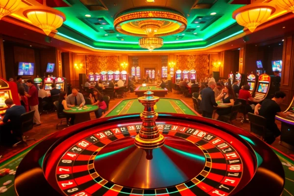 Experience the thrill of gambling at go8 com - vibrant casino scene with roulette, chips, and engaged players.