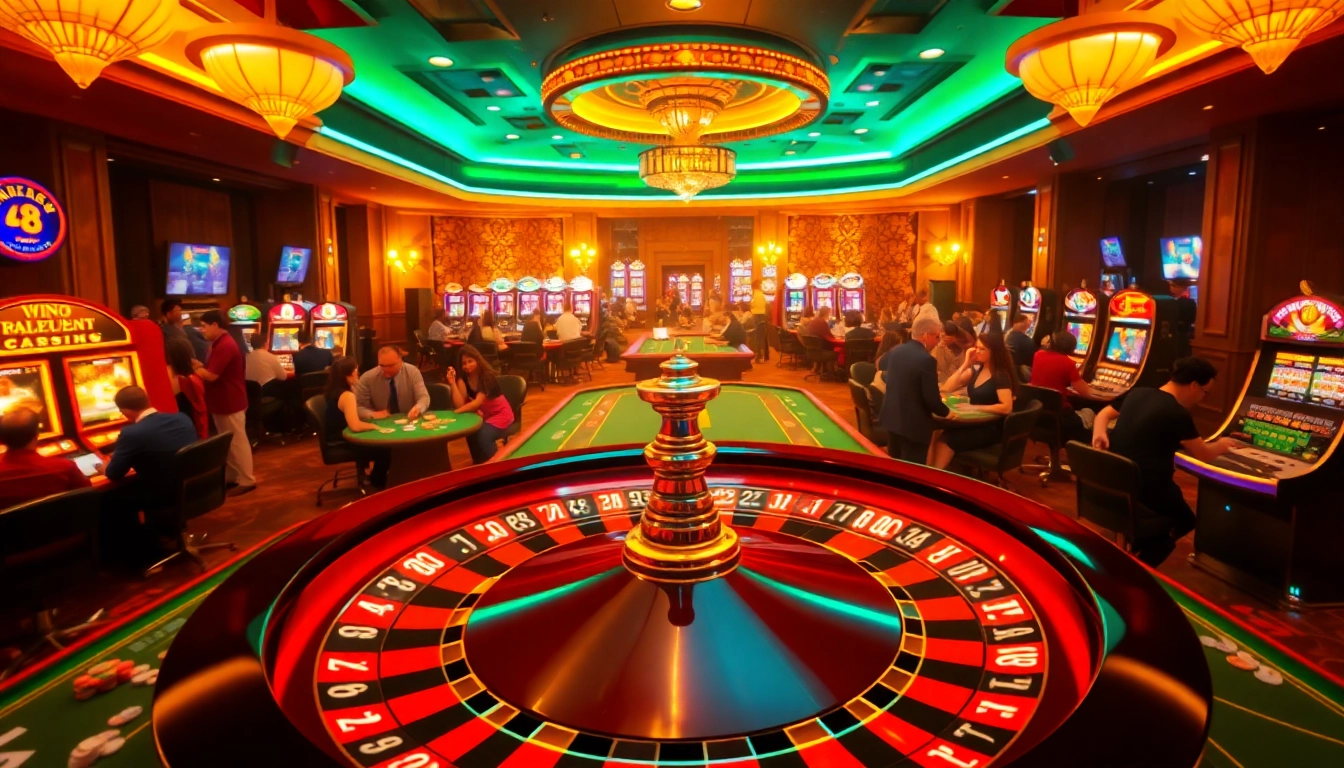 Experience the thrill of gambling at go8 com - vibrant casino scene with roulette, chips, and engaged players.