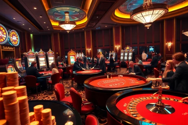 Experience the excitement of Nhà cái Solarbet in a vibrant casino scene filled with players at roulette and blackjack tables.
