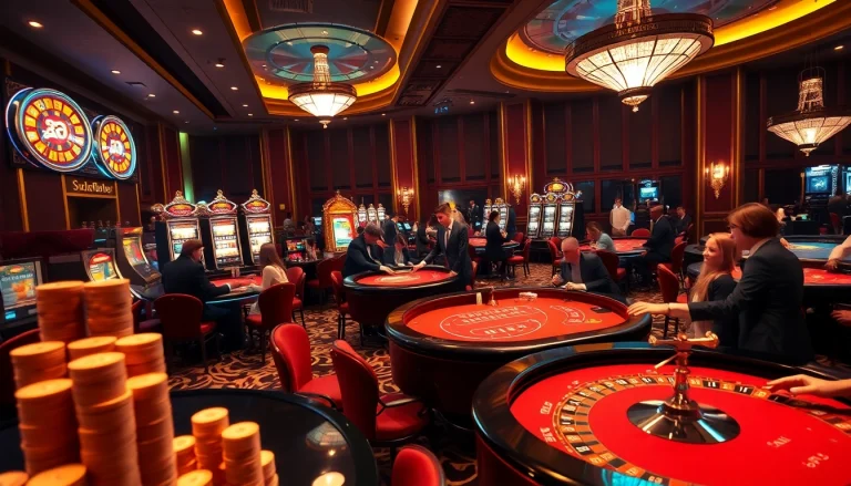 Experience the excitement of Nhà cái Solarbet in a vibrant casino scene filled with players at roulette and blackjack tables.