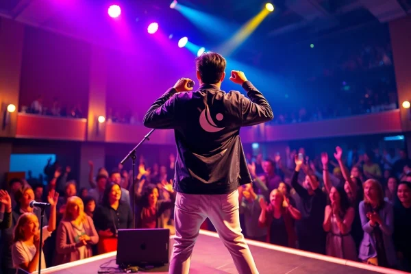 Ok88 captivating performance at a concert, showcasing vibrant lighting and an energetic crowd.