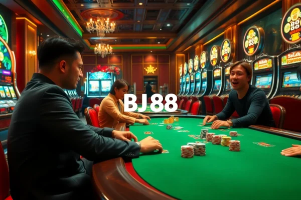 Experience the thrill of gambling with BJ 88 casino tables featuring vibrant poker chips and slot machines.