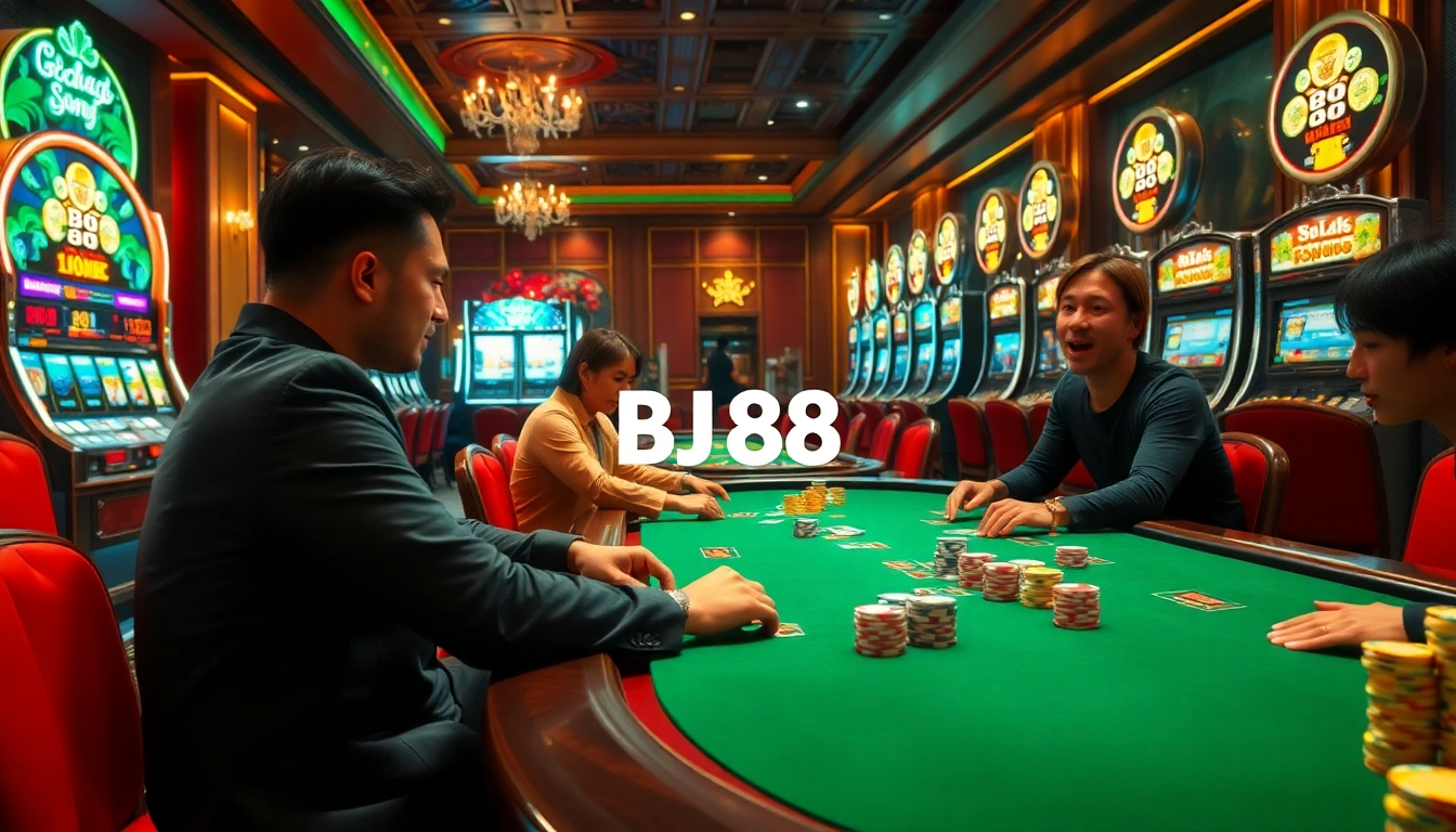 Experience the thrill of gambling with BJ 88 casino tables featuring vibrant poker chips and slot machines.