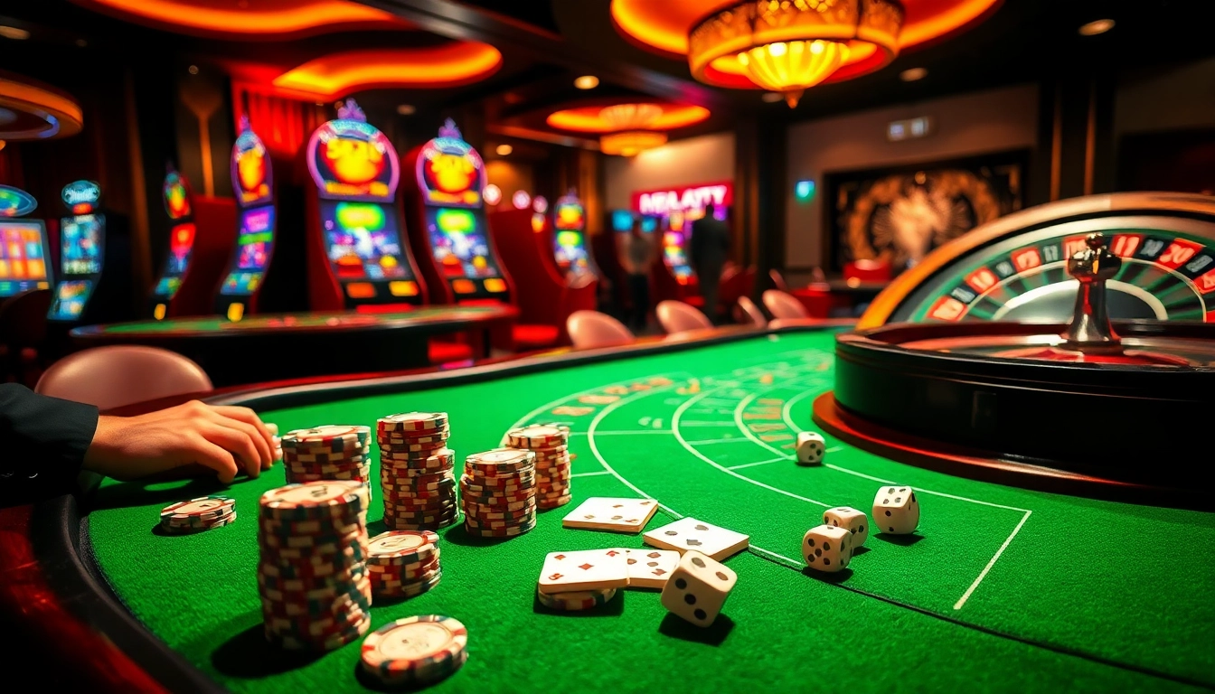 An enticing scene of excitement at new88siam.com showcasing vibrant casino tables and engaged players.