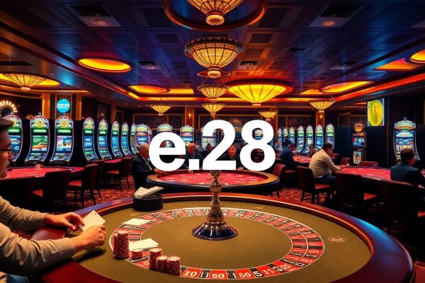 Experience the thrilling atmosphere at a casino with e28-inspired poker tables and colorful slot machines.