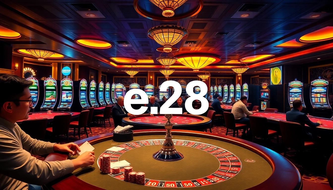 Experience the thrilling atmosphere at a casino with e28-inspired poker tables and colorful slot machines.