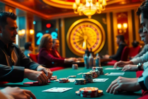 Engage in a thrilling poker game featuring vibrant e28 poker chips and intense players in a lavish casino setting.