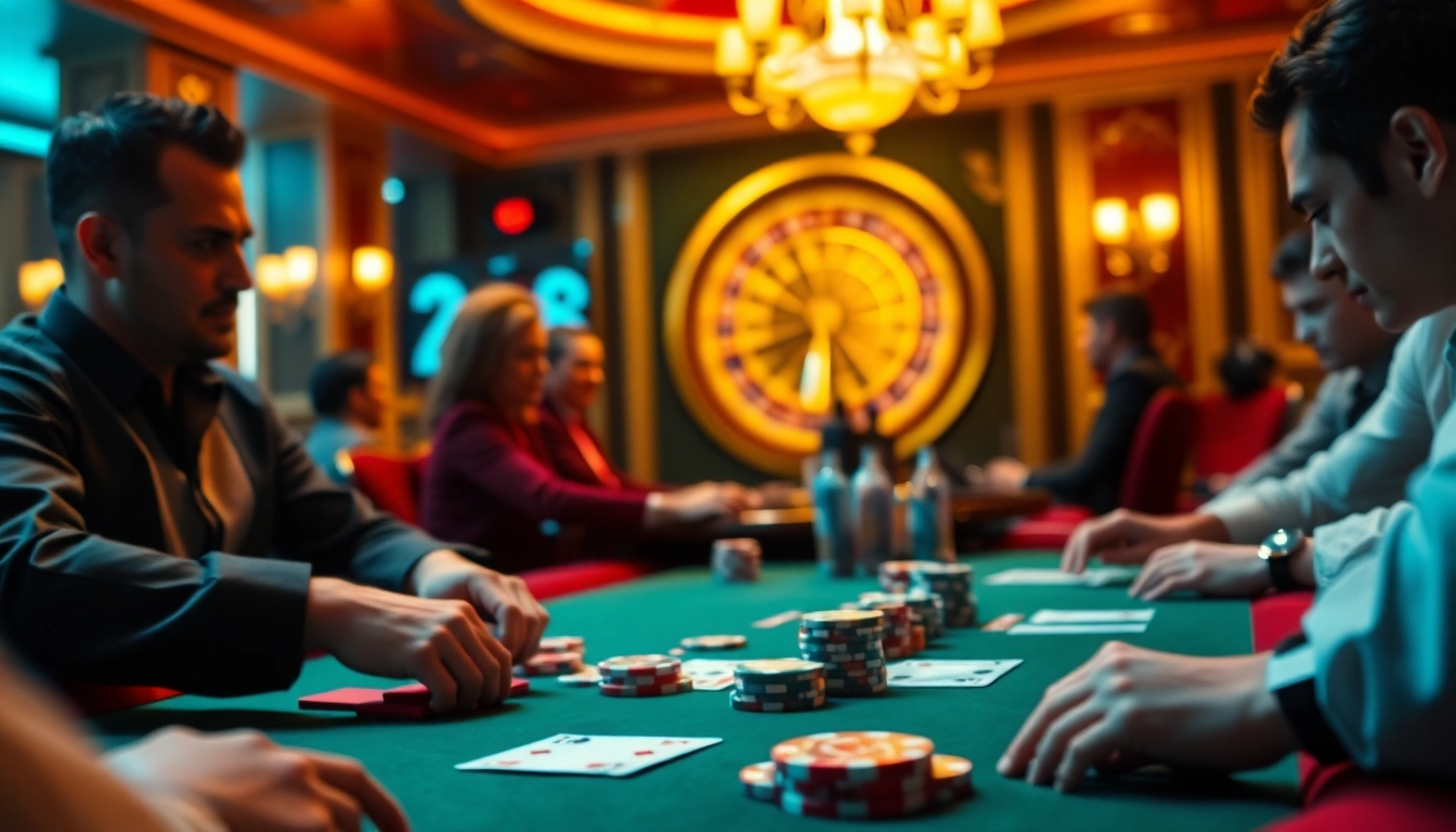 Engage in a thrilling poker game featuring vibrant e28 poker chips and intense players in a lavish casino setting.