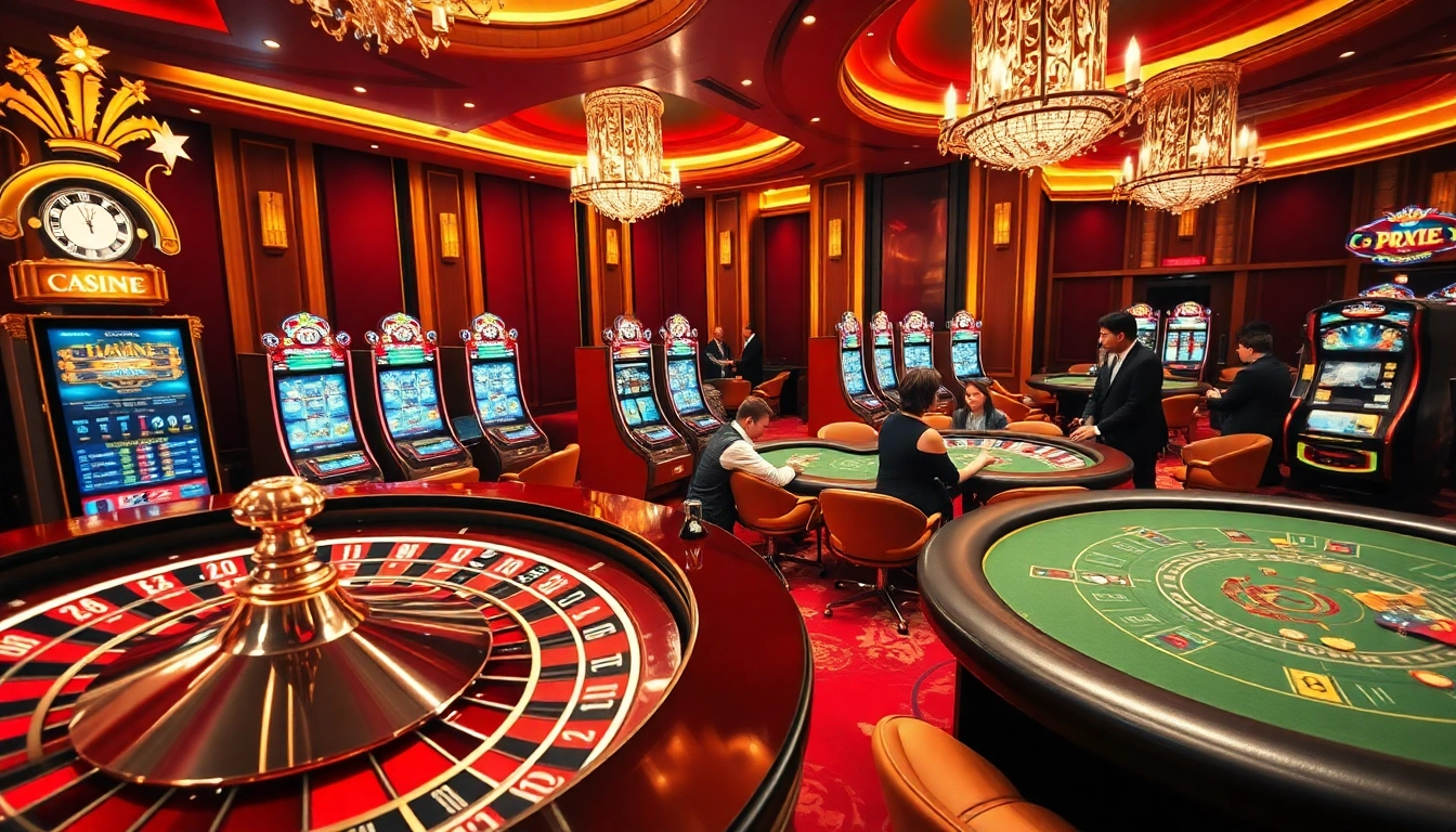 Experience the excitement at 789f com with a vibrant casino scene featuring roulette, poker, and slot machines.