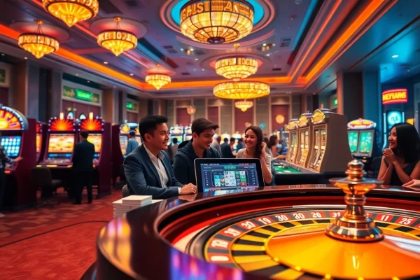 Engaged players reviewing nhà cái strategies at a vibrant casino table.