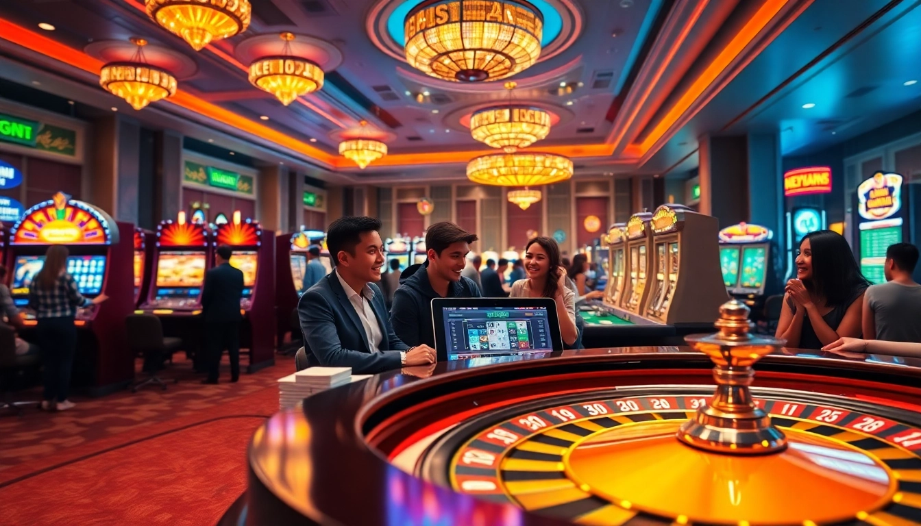 Engaged players reviewing nhà cái strategies at a vibrant casino table.