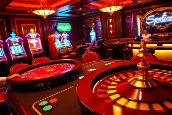 Experience the thrill of AAAJILI casino gaming with vibrant poker tables and roulette wheels.