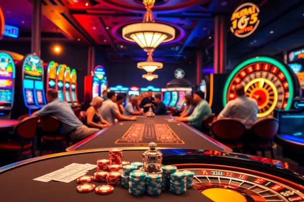 Experience excitement at mm88 com with players enjoying poker, slot machines, and roulette in a lively casino atmosphere.