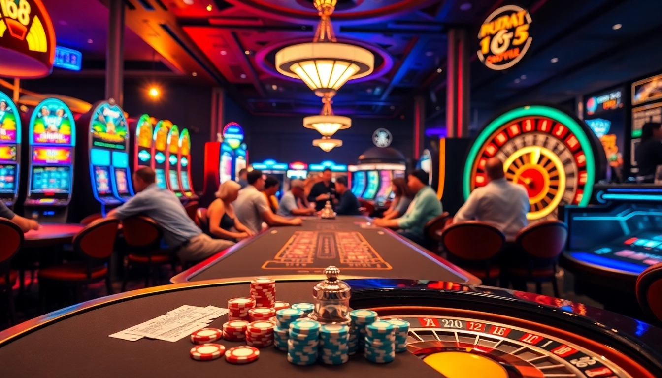 Experience excitement at mm88 com with players enjoying poker, slot machines, and roulette in a lively casino atmosphere.