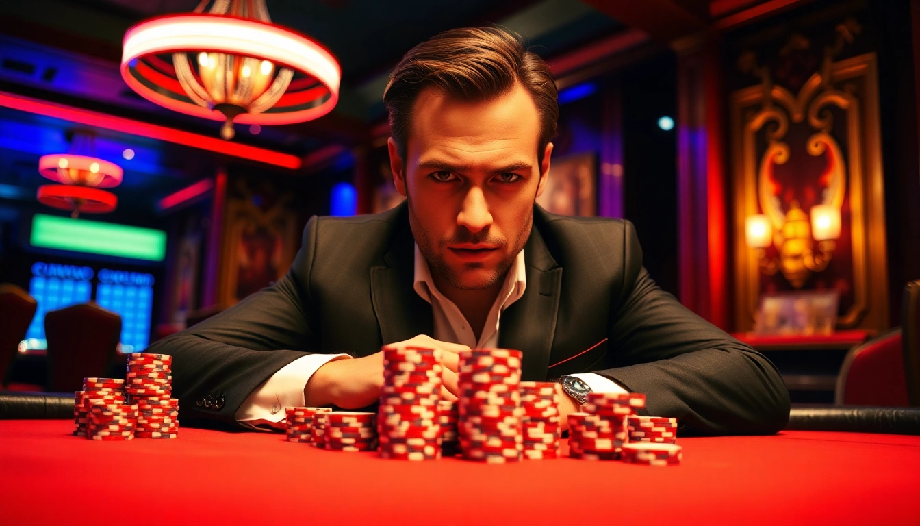Get ready for high-stakes action at https://ok88b.com with a professional gambler at the poker table.