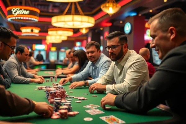 Engaging scene of gambling action at a casino table, highlighting excitement at https://ok88b.com for players.